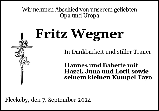 Traueranzeige von Fritz Wegner von Eckernförder Zeitung, Hallo Eckernförde