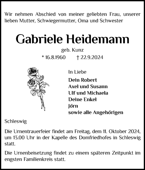 Traueranzeige von Gabriele Heidemann von Schleswiger Nachrichten, Schlei-Bote