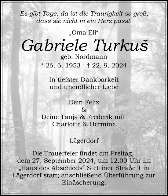 Traueranzeige von Gabriele Turkus von Norddeutsche Rundschau, Wilstersche Zeitung, Glückstädter Fortuna