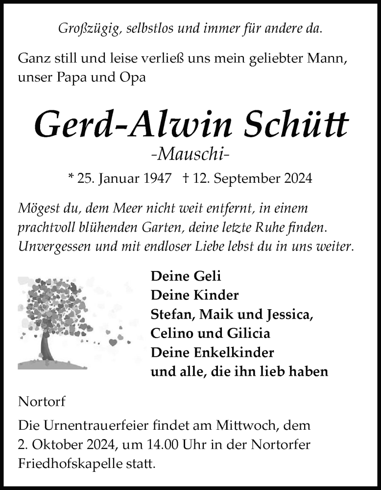  Traueranzeige für Gerd-Alwin Schütt vom 21.09.2024 aus Schleswig-Holsteinische Landeszeitung