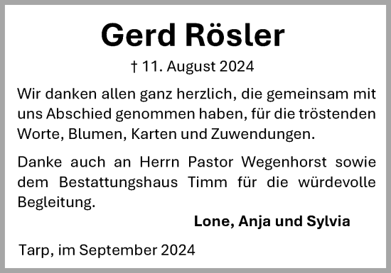 Traueranzeige von Gerd Rösler von Flensburger Tageblatt