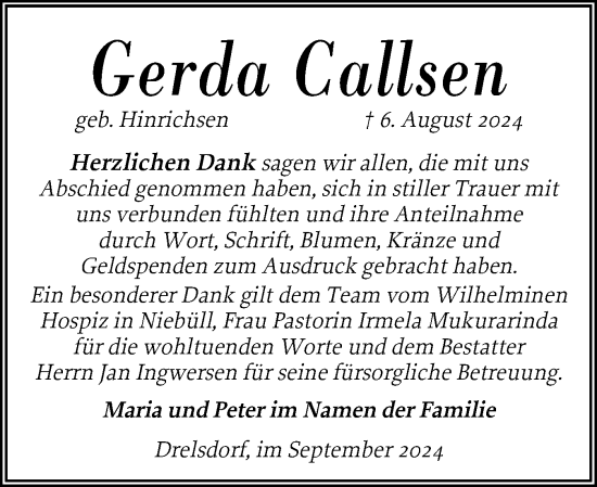 Traueranzeige von Gerda Callsen von Husumer Nachrichten, Nordfriesland Tageblatt