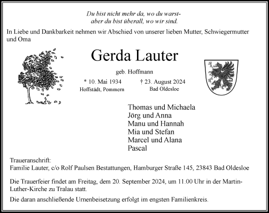 Traueranzeige von Gerda Lauter von Stormaner Tageblatt