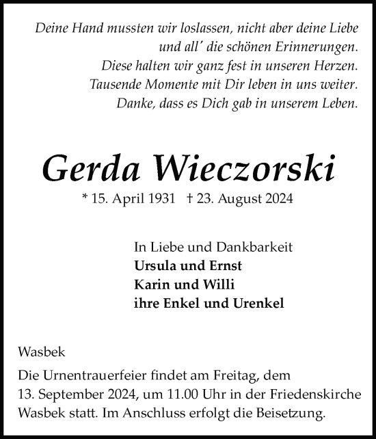 Traueranzeige von Gerda Wieczorski von Holsteinischer Courier