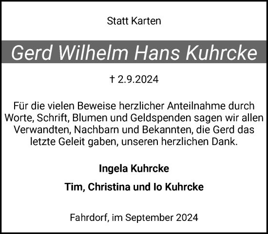 Traueranzeige von Gerd Wilhelm Hans Kuhrcke von Schleswiger Nachrichten, Schlei-Bote