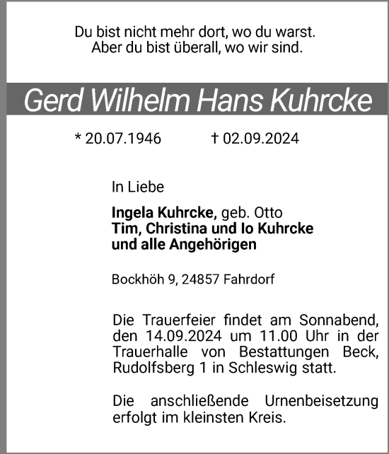 Traueranzeige von GerdWilhelm Hans Kuhrcke von Schleswiger Nachrichten, Schlei-Bote