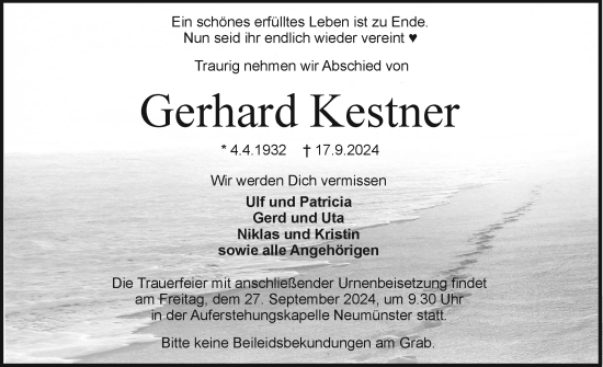 Traueranzeige von Gerhard Kestner von Holsteinischer Courier