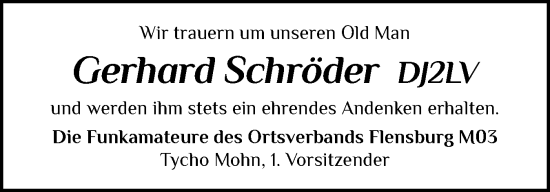 Traueranzeige von Gerhard Schröder von Flensburger Tageblatt