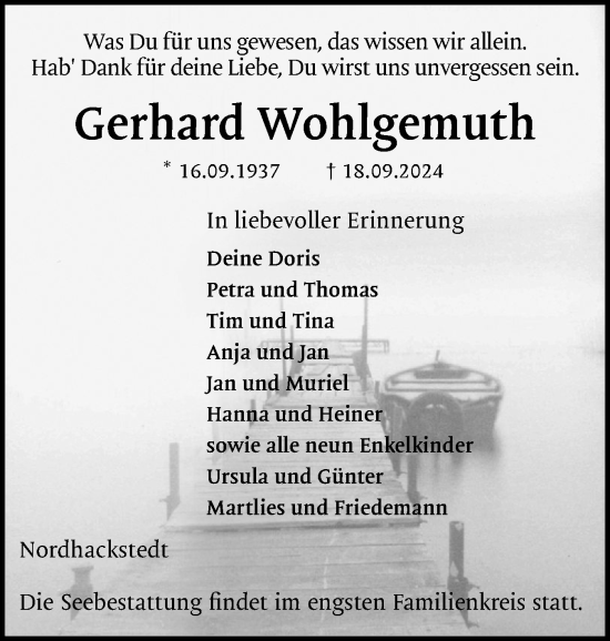 Traueranzeige von Gerhard Wohlgemuth von Flensburger Tageblatt