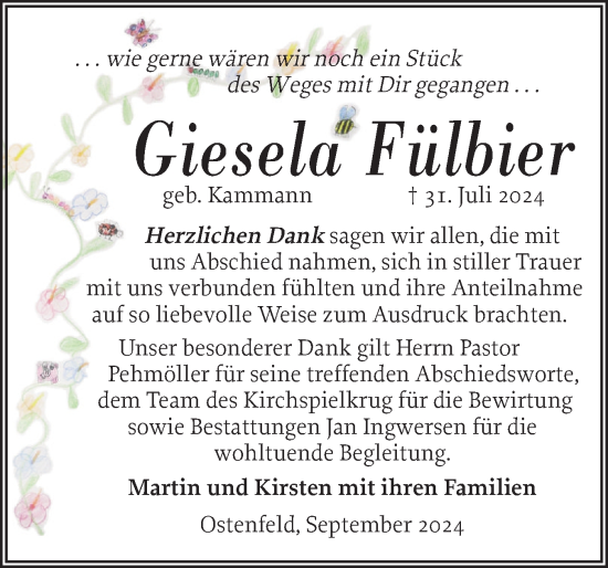 Traueranzeige von Giesela Fülbier von Husumer Nachrichten, Nordfriesland Tageblatt