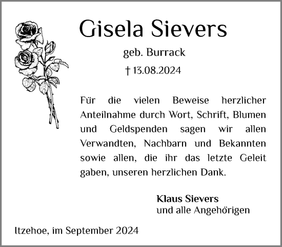 Traueranzeige von Gisela Sievers von Norddeutsche Rundschau, Wilstersche Zeitung, Glückstädter Fortuna