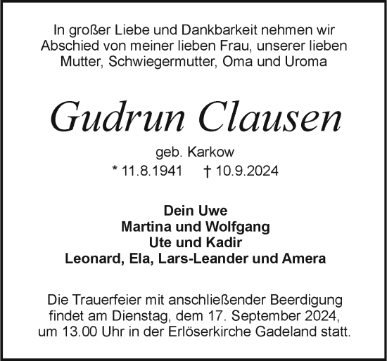 Traueranzeige von Gudrun Clausen von Holsteinischer Courier