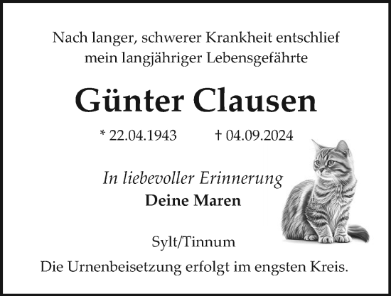 Traueranzeige von Günter Clausen von Sylter Rundschau