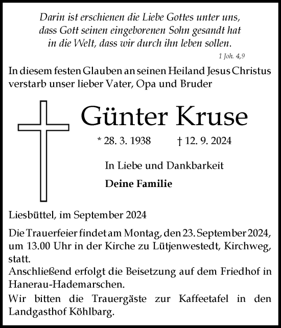 Traueranzeige von Günter Kruse von Schleswig-Holsteinische Landeszeitung