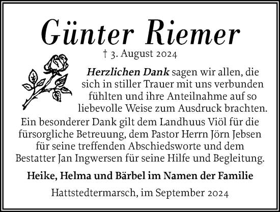 Traueranzeige von Günter Riemer von Husumer Nachrichten, Nordfriesland Tageblatt