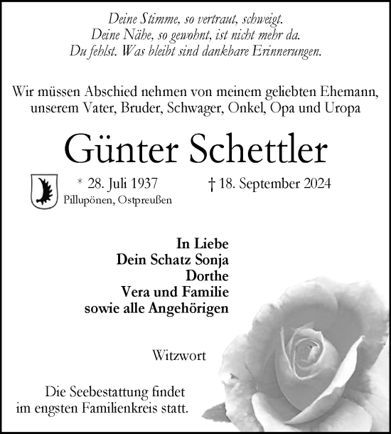 Traueranzeige von Günter Schettler von Region Westküste