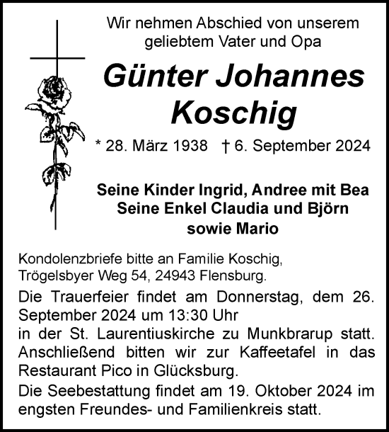 Traueranzeige von Günter Johannes Koschig von Flensburger Tageblatt