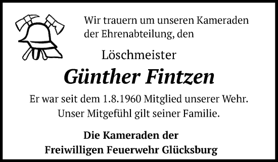 Traueranzeige von Günther Fintzen von Flensburger Tageblatt