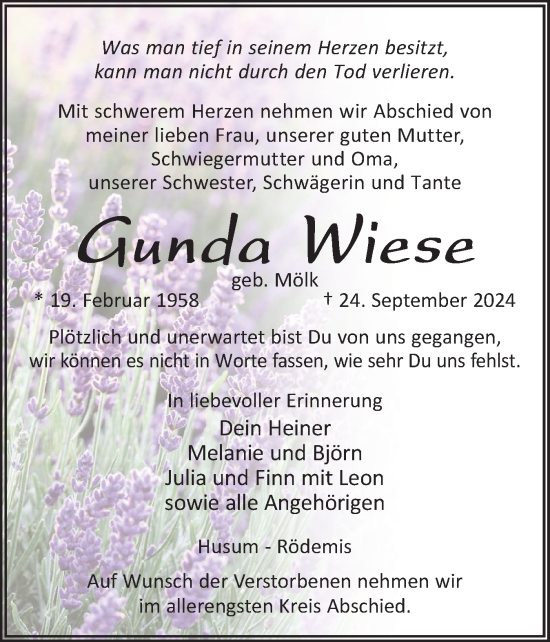 Traueranzeige von Gunda Wiese von Husumer Nachrichten, Nordfriesland Tageblatt