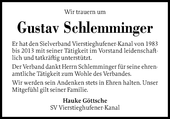 Traueranzeige von Gustav Schlemminger von Norddeutsche Rundschau, Wilstersche Zeitung, Glückstädter Fortuna