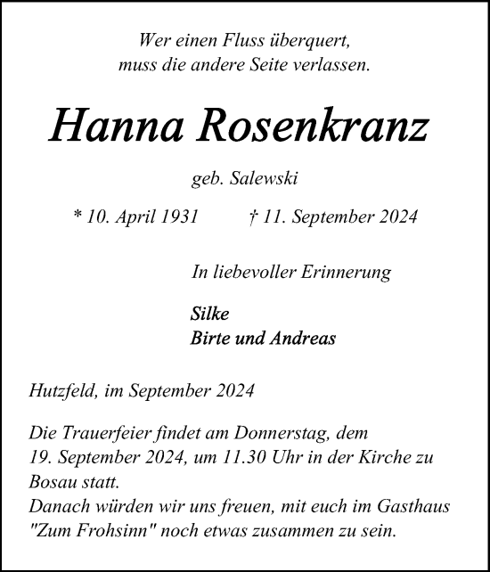 Traueranzeige von Hanna Rosenkranz von Ostholsteiner Anzeiger