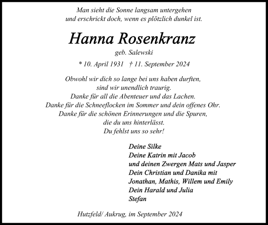 Traueranzeige von Hanna Rosenkranz von Ostholsteiner Anzeiger