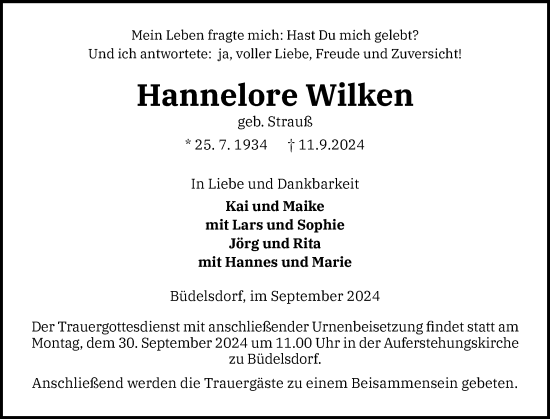 Traueranzeige von Hannelore Wilken von Schleswig-Holsteinische Landeszeitung