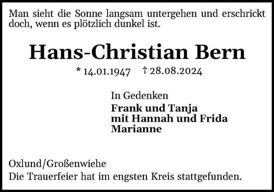 Traueranzeige von Hans-Christian Bern von Flensburger Tageblatt