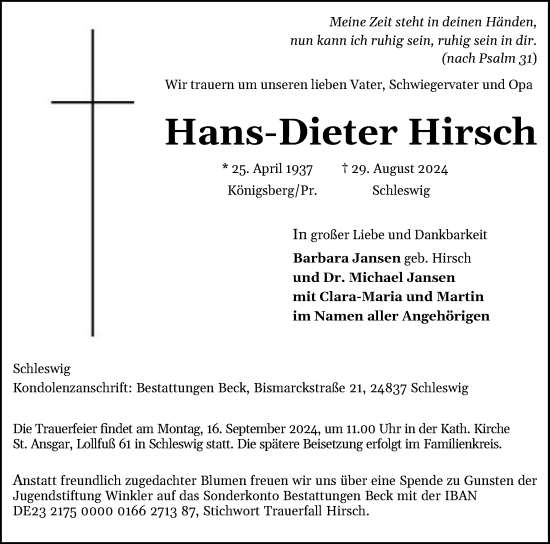 Traueranzeige von Hans-Dieter Hirsch von Schleswiger Nachrichten, Schlei-Bote