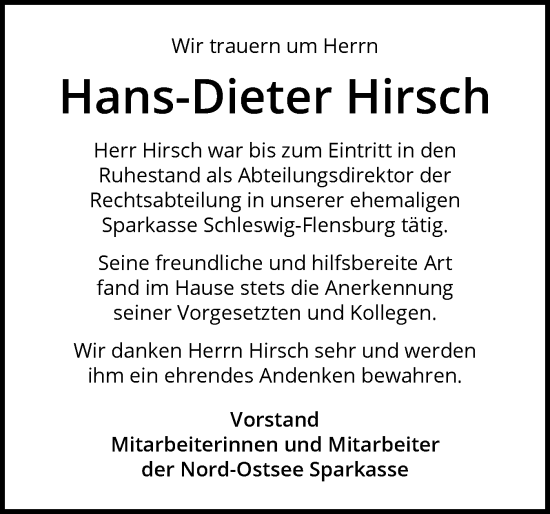 Traueranzeige von Hans-Dieter Hirsch von Schleswiger Nachrichten, Schlei-Bote