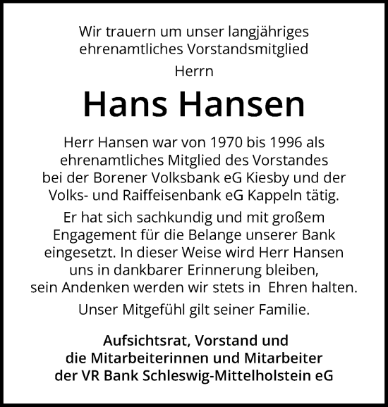 Traueranzeige von Hans Hansen von Schleswiger Nachrichten, Schlei-Bote