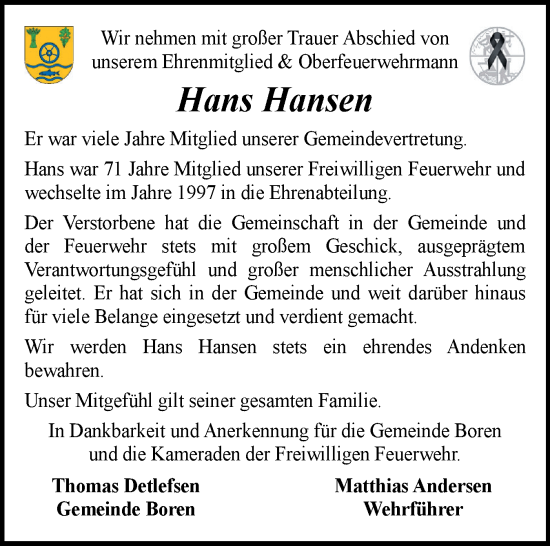 Traueranzeige von Hans Hansen von Schleswiger Nachrichten, Schlei-Bote