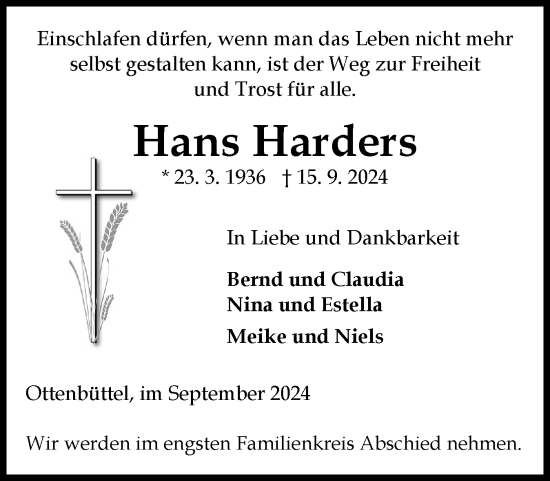 Traueranzeige von Hans Harders von Norddeutsche Rundschau, Wilstersche Zeitung, Glückstädter Fortuna