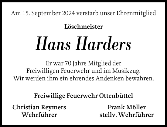 Traueranzeige von Hans Harders von Norddeutsche Rundschau, Wilstersche Zeitung, Glückstädter Fortuna