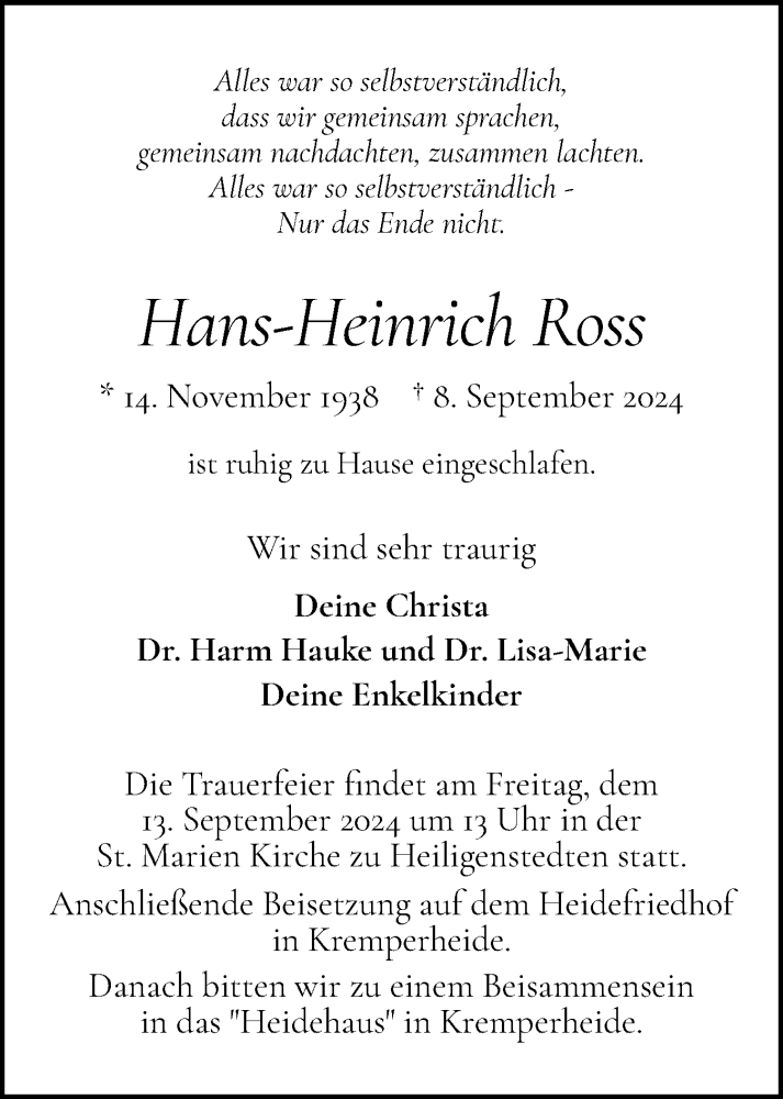  Traueranzeige für Hans-Heinrich Ross vom 11.09.2024 aus Norddeutsche Rundschau, Wilstersche Zeitung, Glückstädter Fortuna