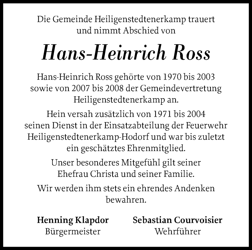  Traueranzeige für Hans-Heinrich Ross vom 11.09.2024 aus Norddeutsche Rundschau, Wilstersche Zeitung, Glückstädter Fortuna