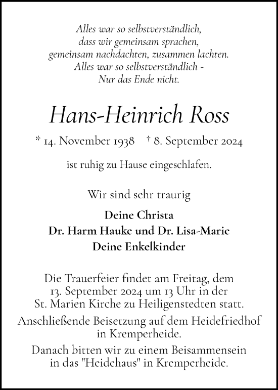 Traueranzeige von Hans-Heinrich Ross von Norddeutsche Rundschau, Wilstersche Zeitung, Glückstädter Fortuna