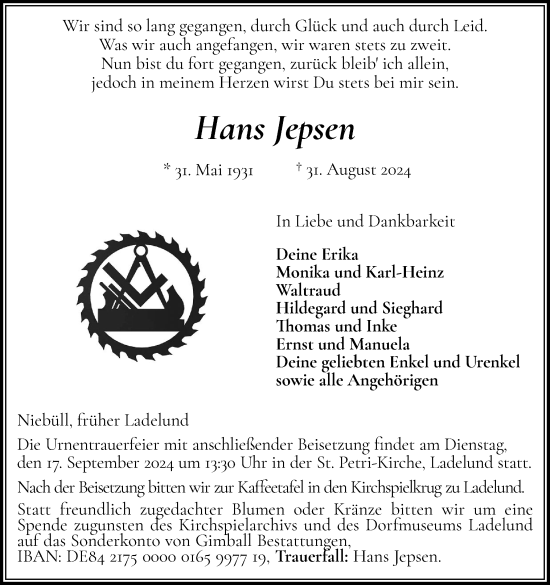 Traueranzeige von Hans Jepsen von Husumer Nachrichten, Nordfriesland Tageblatt