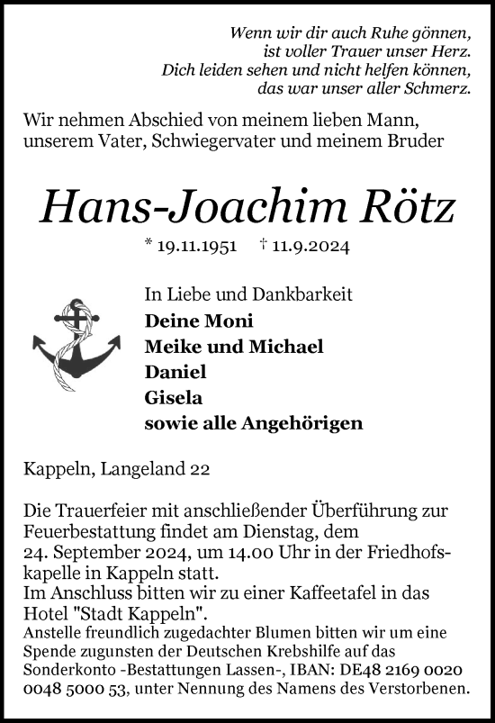 Traueranzeige von Hans-Joachim Rötz von Schleswiger Nachrichten, Schlei-Bote