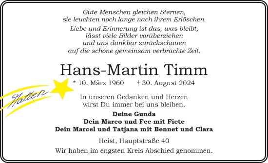 Traueranzeige von Hans-Martin Timm von Uetersener Nachrichten, Der tip am Wochenende