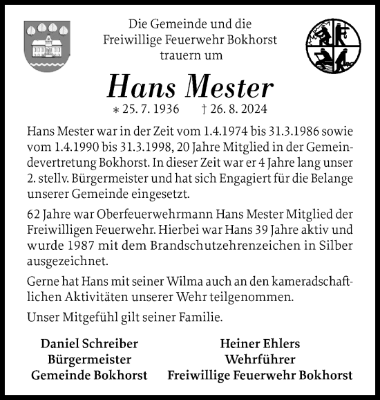 Traueranzeige von Hans Mester von Norddeutsche Rundschau, Wilstersche Zeitung, Glückstädter Fortuna