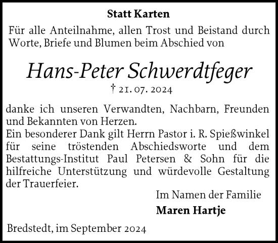 Traueranzeige von Hans-Peter Schwerdtfeger von Husumer Nachrichten, Nordfriesland Tageblatt