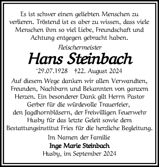 Traueranzeige von Hans Steinbach von Flensburger Tageblatt