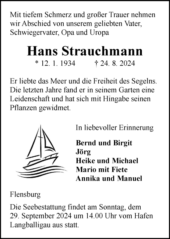 Traueranzeige von Hans Strauchmann von Flensburger Tageblatt