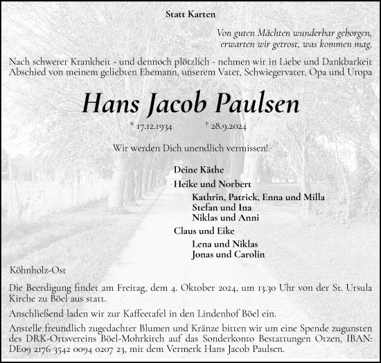 Traueranzeige von Hans Jacob Paulsen von Flensburger Tageblatt, Schleswiger Nachrichten, Schlei-Bote