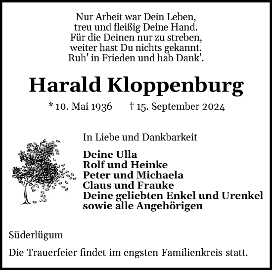 Traueranzeige von Harald Kloppenburg von Husumer Nachrichten, Nordfriesland Tageblatt