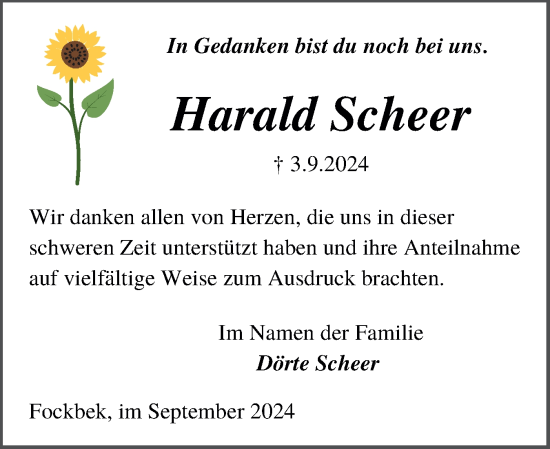 Traueranzeige von Harald Scheer von Schleswig-Holsteinische Landeszeitung