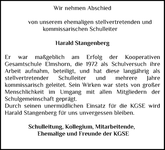 Traueranzeige von Harald Stangenberg von Elmshorner Nachrichten, Barmstedter Zeitung