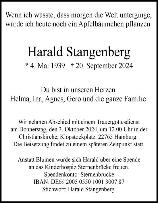 Traueranzeige von Harald Stangenberg von Elmshorner Nachrichten, Barmstedter Zeitung