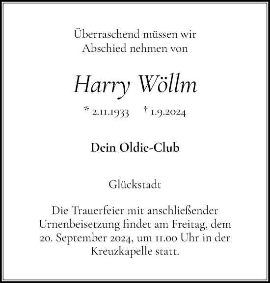 Traueranzeige von Harry Wöllm von Norddeutsche Rundschau, Wilstersche Zeitung, Glückstädter Fortuna